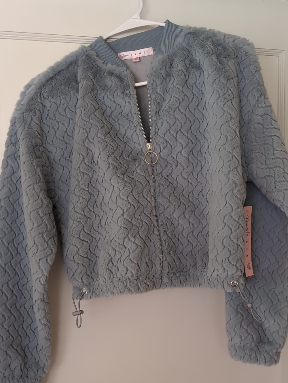 Crave Fame Light Blue Faux Fur Bomber Jacket